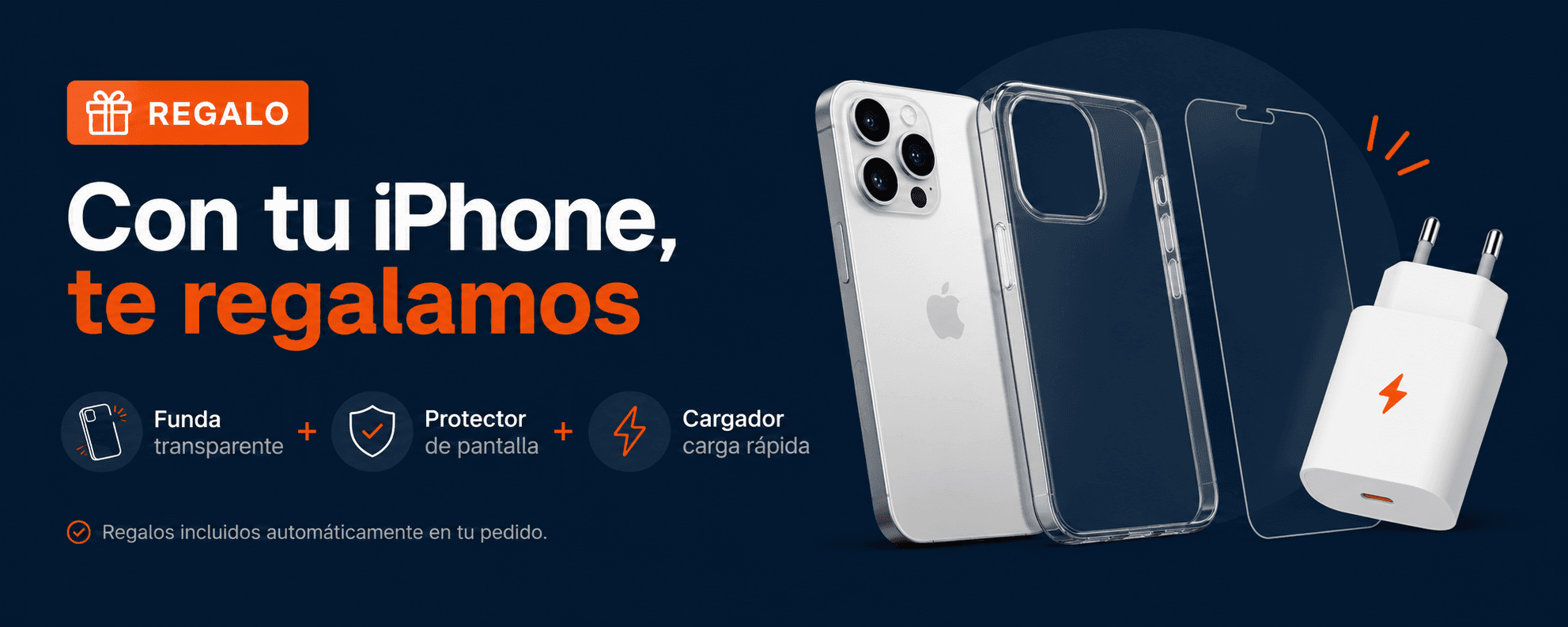 Por tu compra te llevas de regalo: funda transparente, protector de pantalla y cargador de carga rápida