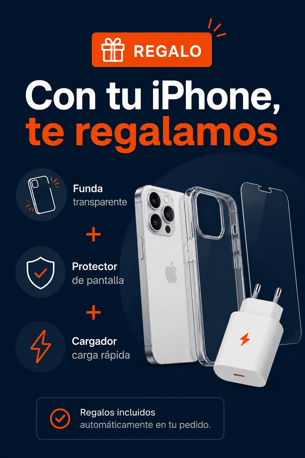 Por tu compra te llevas de regalo: funda transparente, protector de pantalla y cargador de carga rápida